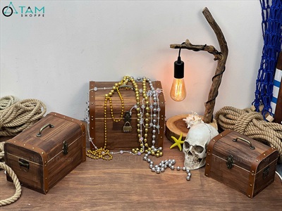 Rương gỗ viền da đinh tán bo nắp [03 Size - Tặng ổ khóa] Cao 14 - 20cm RUONG-GO-05